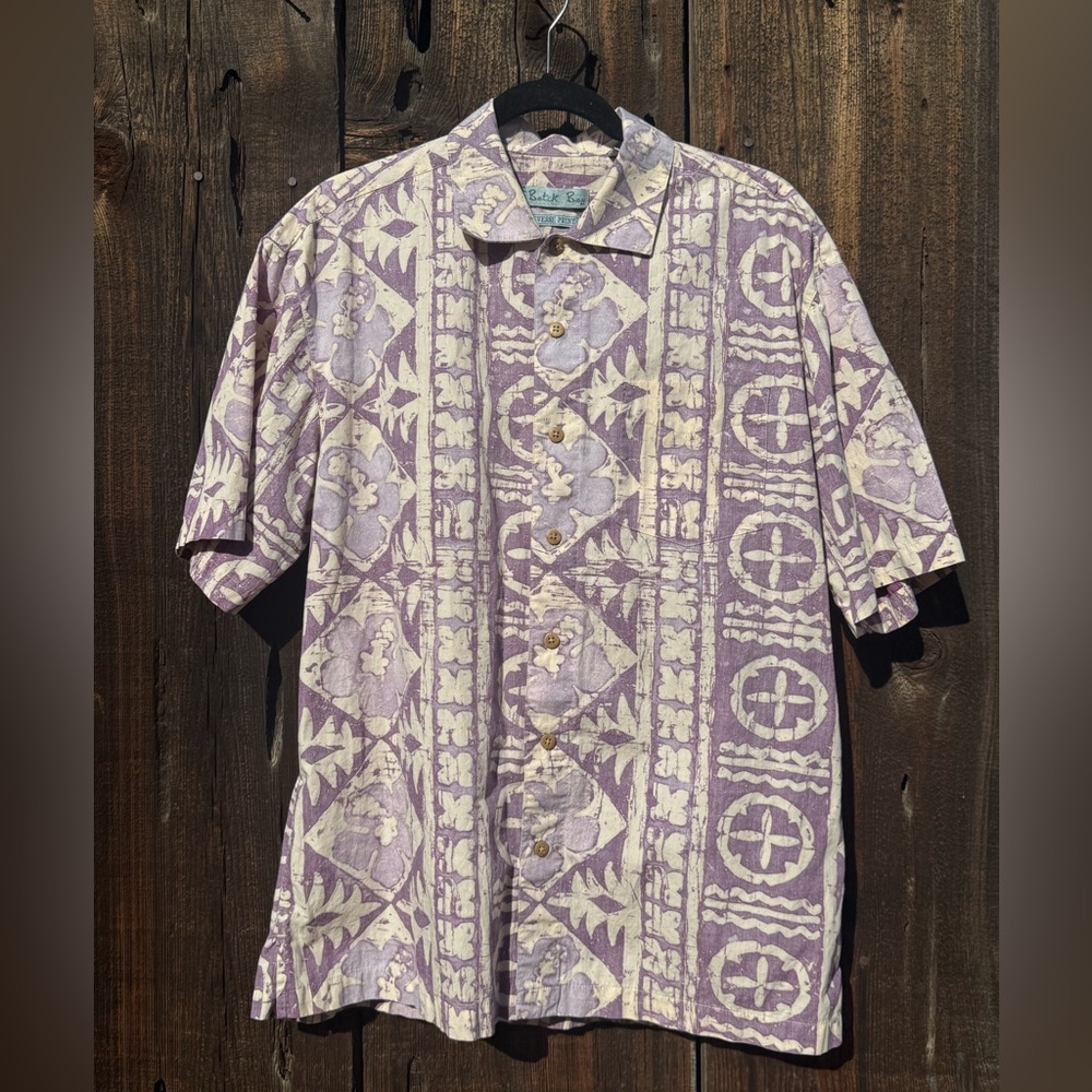 Batik Bay Hawaiian Cream & Purple Casual Button Down Short Sleeve Shirt
